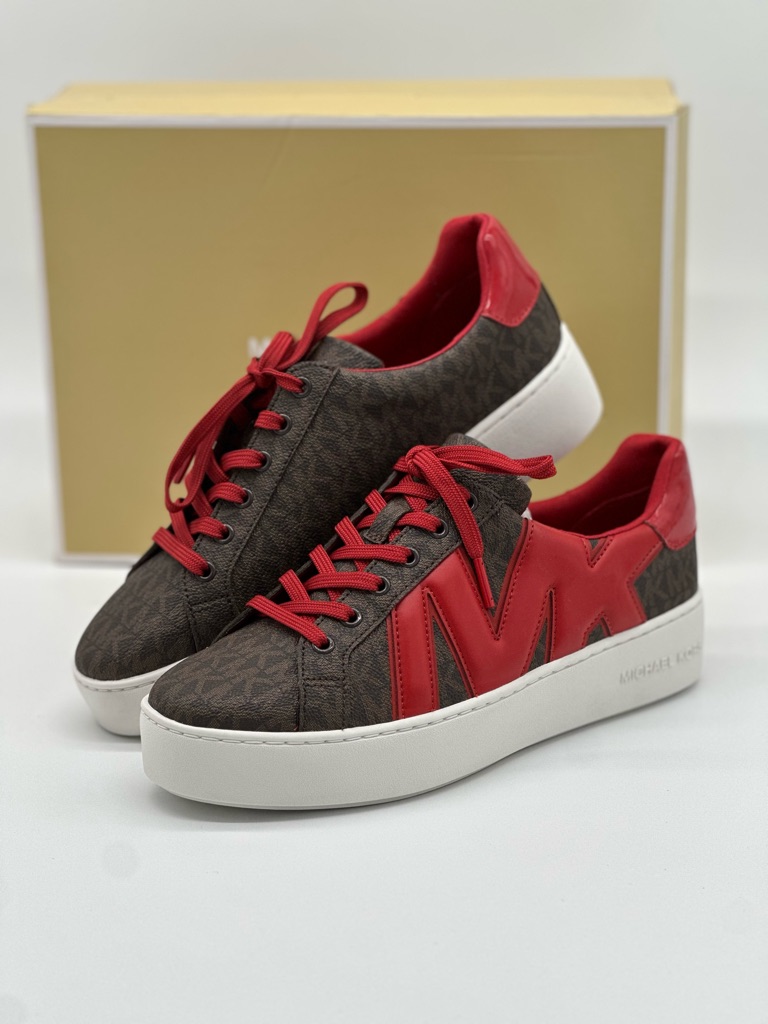 Michael Kors Brown Logo & Red Leather Accent Sneakers